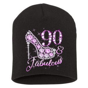 Fabulous & 90 Sparkly Shiny Heel 90th Birthday Short Acrylic Beanie