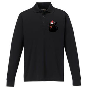 Funny Anti Christmas Drinking Grumpy Cat Flipping Bird Performance Long Sleeve Polo