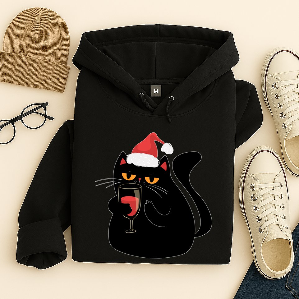 Funny Anti Christmas Drinking Grumpy Cat Flipping Bird Hoodie