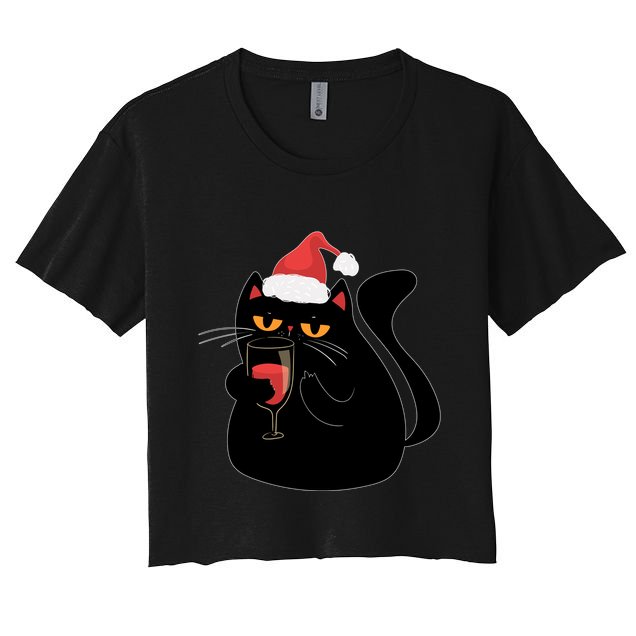 Funny Anti Christmas Drinking Grumpy Cat Flipping Bird Crop Top