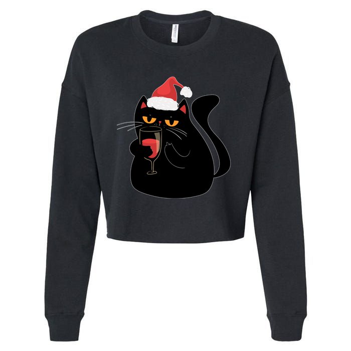 Funny Anti Christmas Drinking Grumpy Cat Flipping Bird Cropped Pullover Crew