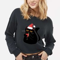 Funny Anti Christmas Drinking Grumpy Cat Flipping Bird Cropped Pullover Crew