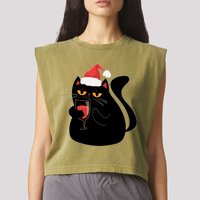 Funny Anti Christmas Drinking Grumpy Cat Flipping Bird Garment-Dyed Women's Muscle Tee