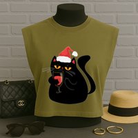 Funny Anti Christmas Drinking Grumpy Cat Flipping Bird Garment-Dyed Women's Muscle Tee
