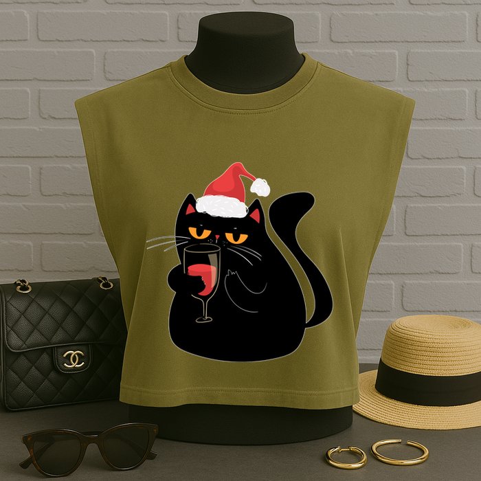Funny Anti Christmas Drinking Grumpy Cat Flipping Bird Garment-Dyed Women's Muscle Tee
