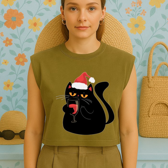 Funny Anti Christmas Drinking Grumpy Cat Flipping Bird Garment-Dyed Women's Muscle Tee