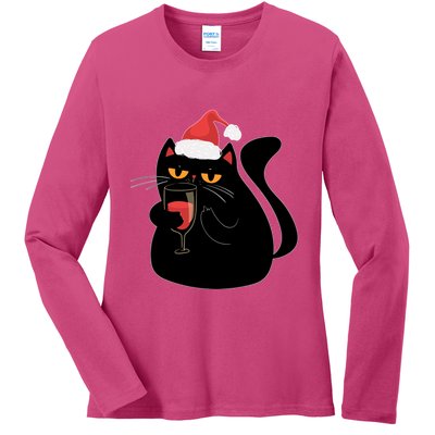 Funny Anti Christmas Drinking Grumpy Cat Flipping Bird Ladies Long Sleeve Shirt