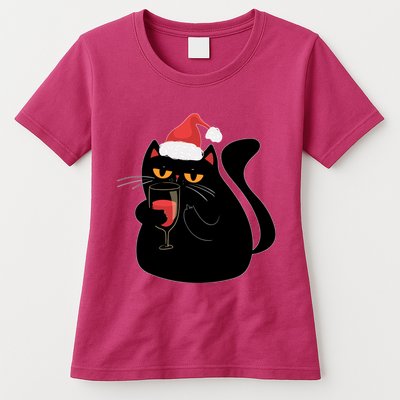 Funny Anti Christmas Drinking Grumpy Cat Flipping Bird Womens T-Shirt