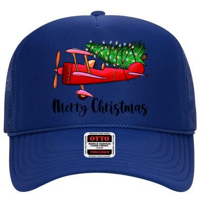 Funny Airplane Christmas Light Tree Airplane Pajama Xmas Great Gift High Crown Mesh Back Trucker Hat