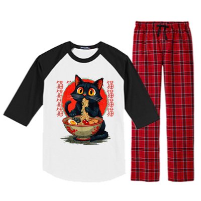 Funny Anime Cute Cat Eating Ramen Japanese Noodles Vintage Raglan Sleeve Pajama Set