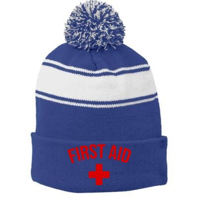 First Aid Cross Cool Medic Emergency Staff Uniform Gift Stripe Pom Pom Beanie