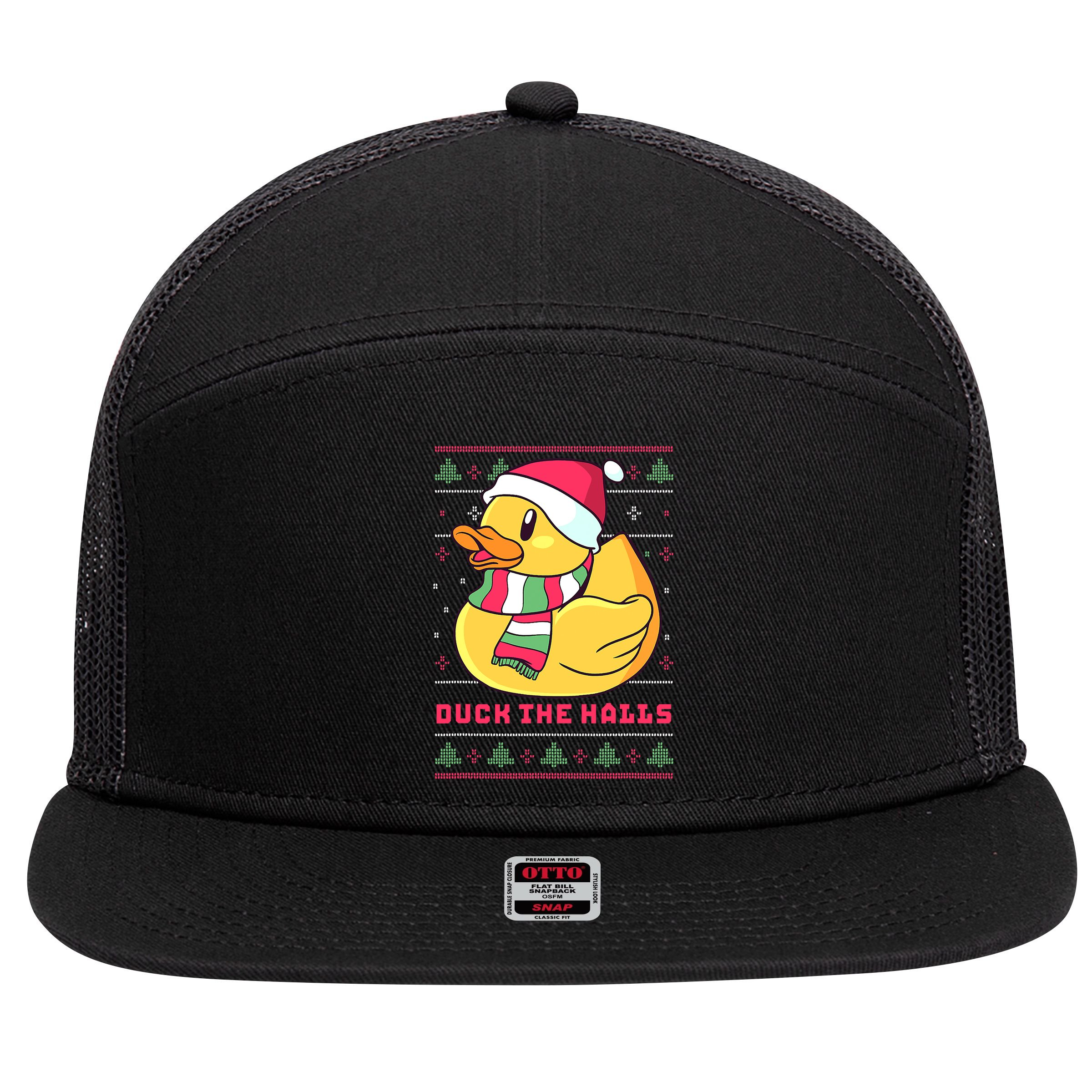 Funny and Cute Duck Puns Merry Christmas Duck The Halls 7 Panel Mesh Trucker Snapback Hat