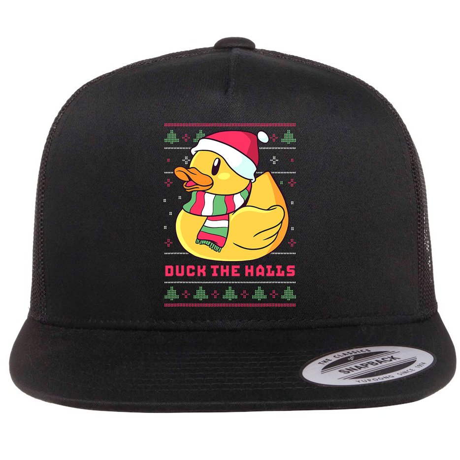 Funny and Cute Duck Puns Merry Christmas Duck The Halls Flat Bill Trucker Hat