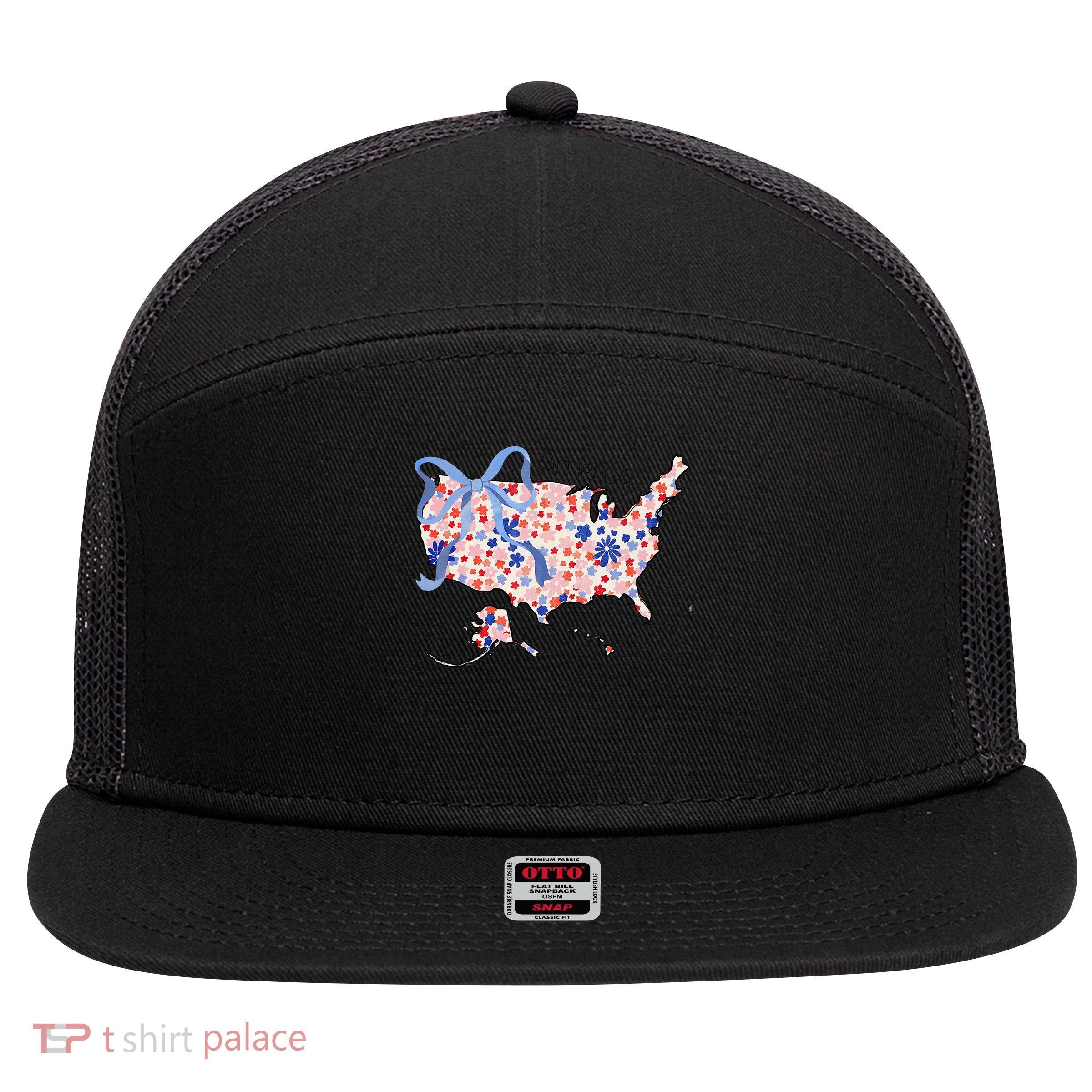 Floral America Coquette Bow USA Map 4th Of July Patriotic 7 Panel Mesh Trucker Snapback Hat
