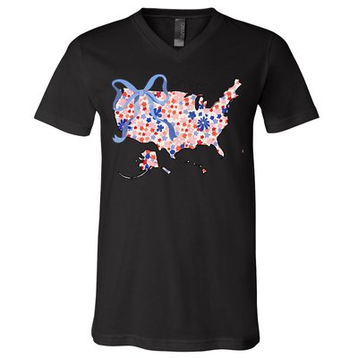 Floral America Coquette Bow USA Map 4th Of July Patriotic V-Neck T-Shirt