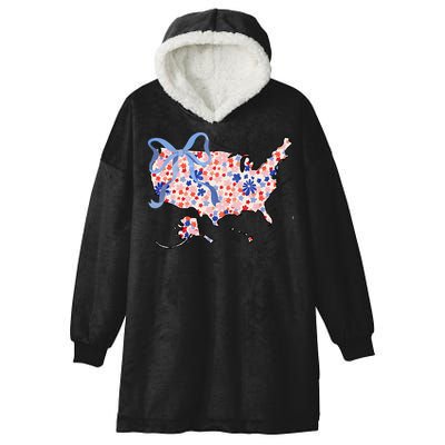 Floral America Coquette Bow USA Map 4th Of July Patriotic Hooded Wearable Blanket