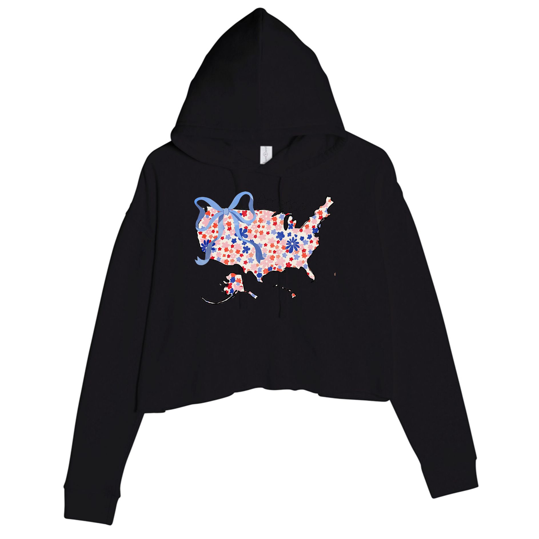 Floral America Coquette Bow USA Map 4th Of July Patriotic Crop Fleece Hoodie