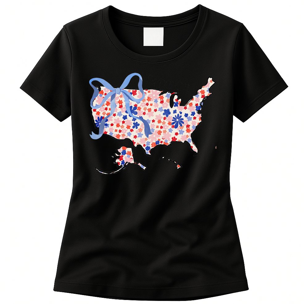 Floral America Coquette Bow USA Map 4th Of July Patriotic Womens T-Shirt