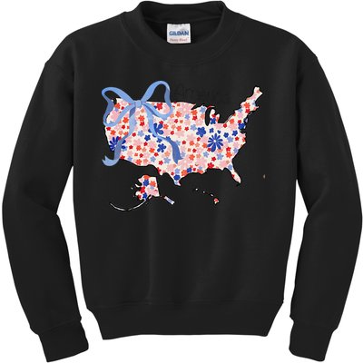 Floral America Coquette Bow USA Map 4th Of July Patriotic Kids Sweatshirt