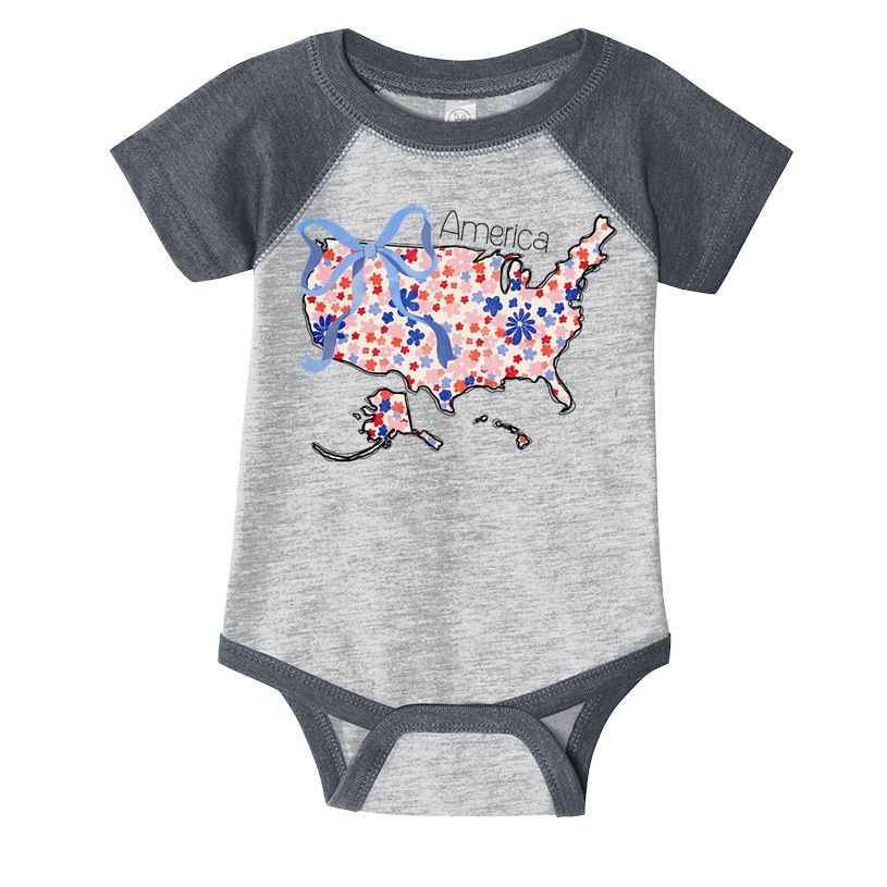 Floral America Coquette Bow USA Map 4th Of July Patriotic Infant Baby Jersey Bodysuit