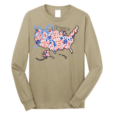 Floral America Coquette Bow USA Map 4th Of July Patriotic Long Sleeve Shirt