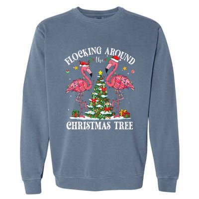 Flocking Around Christmas Tree Flamingo Santa Xmas Pajama Garment-Dyed Sweatshirt