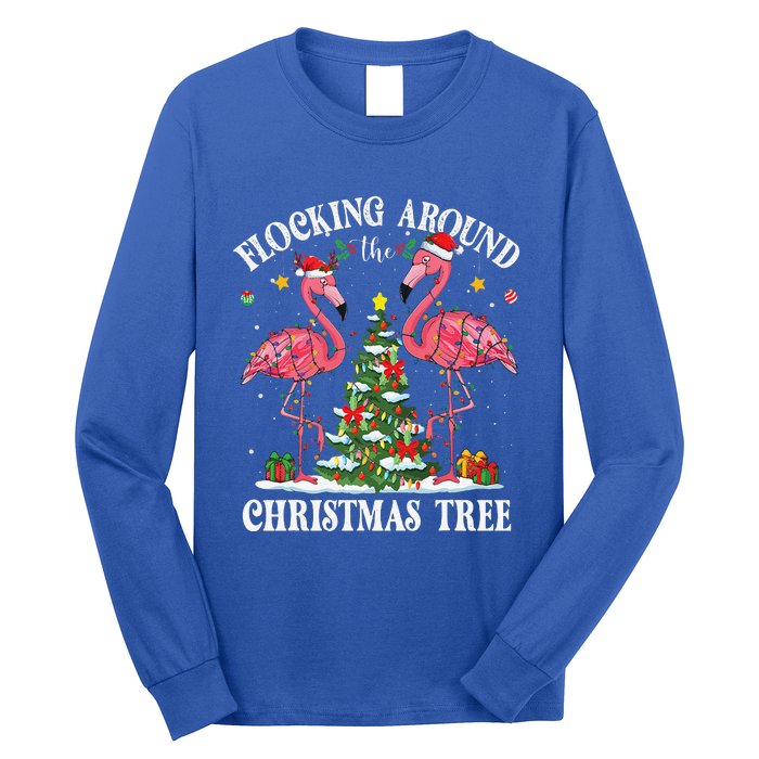 Flocking Around Christmas Tree Flamingo Santa Xmas Pajama Long Sleeve Shirt