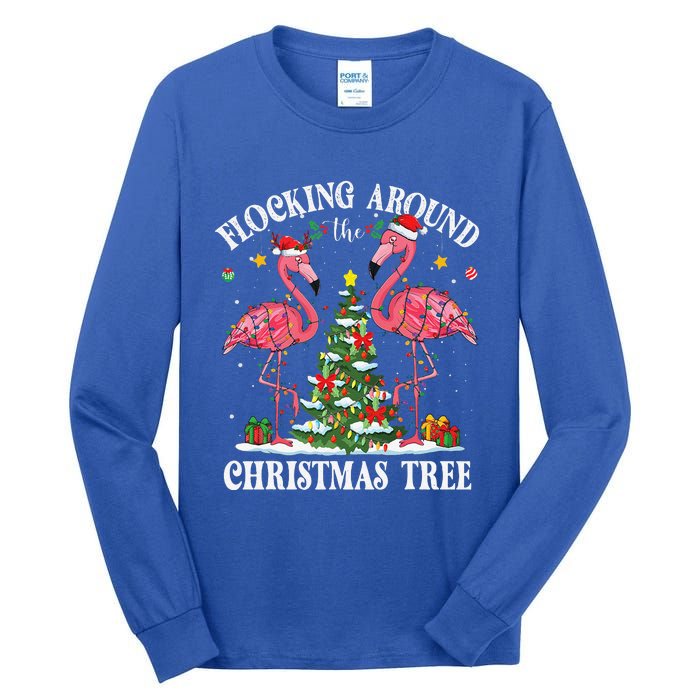 Flocking Around Christmas Tree Flamingo Santa Xmas Pajama Tall Long Sleeve T-Shirt