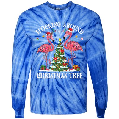 Flocking Around Christmas Tree Flamingo Santa Xmas Pajama Tie-Dye Long Sleeve Shirt