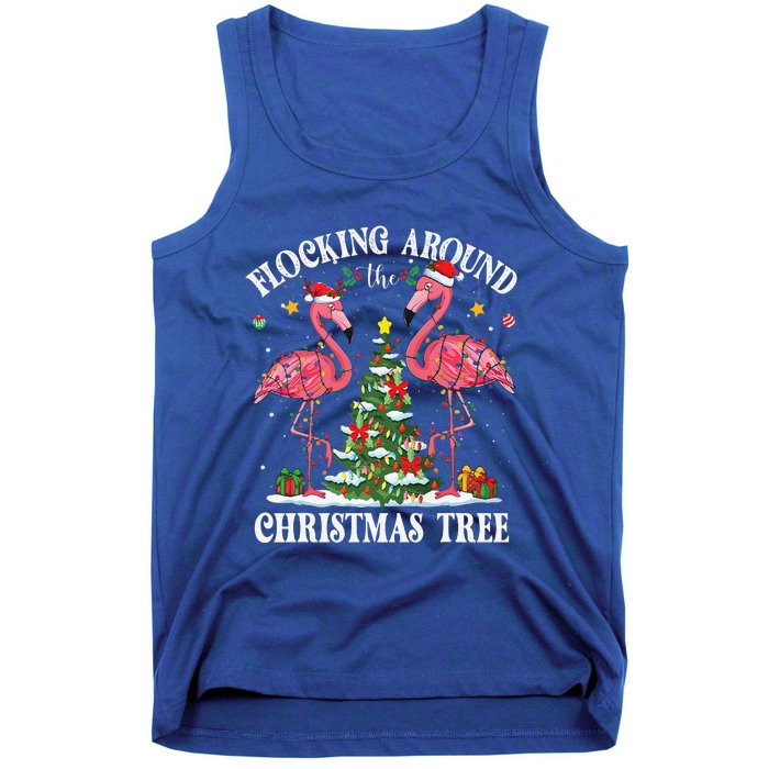 Flocking Around Christmas Tree Flamingo Santa Xmas Pajama Tank Top