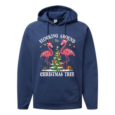 Flocking Around Christmas Tree Flamingo Santa Xmas Pajama Performance Fleece Hoodie