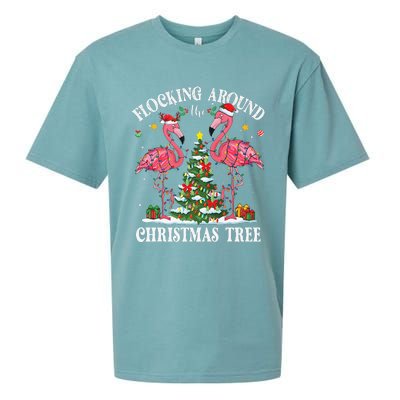 Flocking Around Christmas Tree Flamingo Santa Xmas Pajama Sueded Cloud Jersey T-Shirt