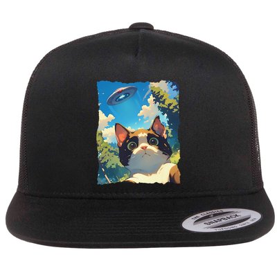 Funny Anime Cat Ufo Selfie Cute Flat Bill Trucker Hat
