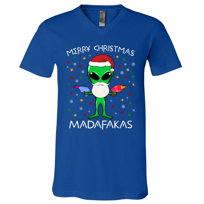 Funny Alien Christmas Cool Gift Merry Christmas Pew Madafakas Funny Gift V-Neck T-Shirt