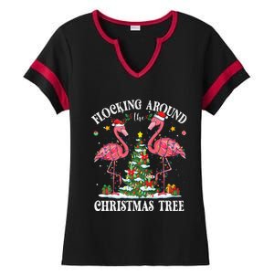 Flocking Around Christmas Tree Flamingo Santa Xmas Pajama Ladies Halftime Notch Neck Tee