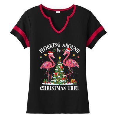 Flocking Around Christmas Tree Flamingo Santa Xmas Pajama Ladies Halftime Notch Neck Tee