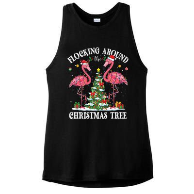 Flocking Around Christmas Tree Flamingo Santa Xmas Pajama Ladies PosiCharge Tri-Blend Wicking Tank