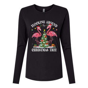 Flocking Around Christmas Tree Flamingo Santa Xmas Pajama Womens Cotton Relaxed Long Sleeve T-Shirt