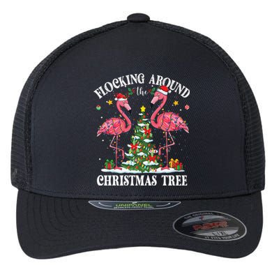 Flocking Around Christmas Tree Flamingo Santa Xmas Pajama Flexfit Unipanel Trucker Cap