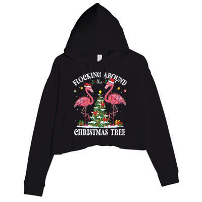 Flocking Around Christmas Tree Flamingo Santa Xmas Pajama Crop Fleece Hoodie