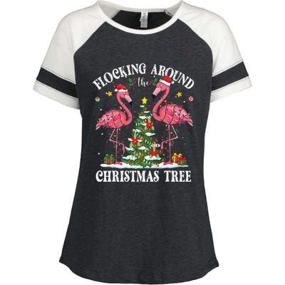 Flocking Around Christmas Tree Flamingo Santa Xmas Pajama Enza Ladies Jersey Colorblock Tee