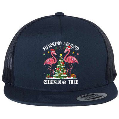 Flocking Around Christmas Tree Flamingo Santa Xmas Pajama Flat Bill Trucker Hat