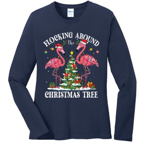 Flocking Around Christmas Tree Flamingo Santa Xmas Pajama Ladies Long Sleeve Shirt