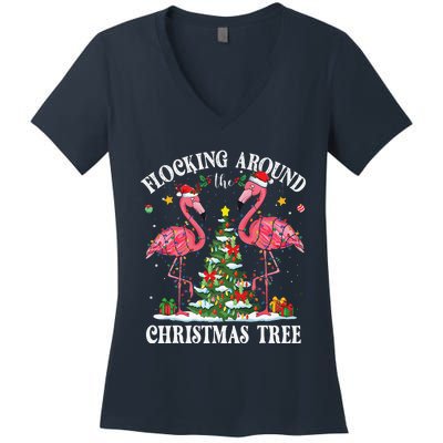 Flocking Around Christmas Tree Flamingo Santa Xmas Pajama Women's V-Neck T-Shirt