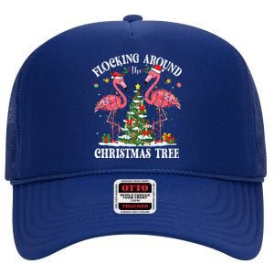 Flocking Around Christmas Tree Flamingo Santa Xmas Pajama High Crown Mesh Back Trucker Hat