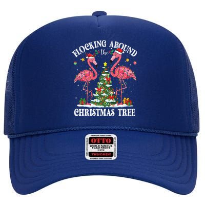 Flocking Around Christmas Tree Flamingo Santa Xmas Pajama High Crown Mesh Back Trucker Hat