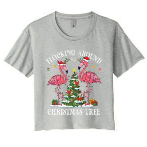 Flocking Around Christmas Tree Flamingo Santa Xmas Pajama Women's Crop Top Tee