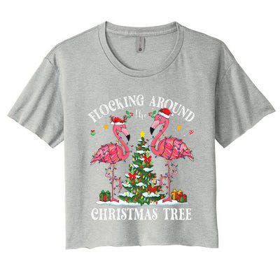 Flocking Around Christmas Tree Flamingo Santa Xmas Pajama Women's Crop Top Tee