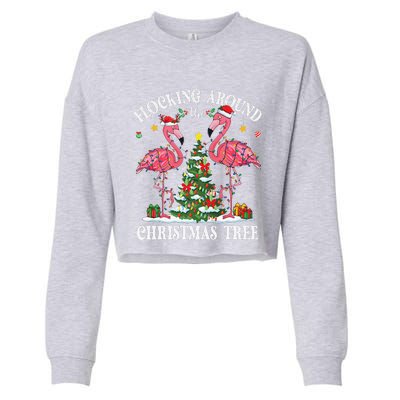 Flocking Around Christmas Tree Flamingo Santa Xmas Pajama Cropped Pullover Crew