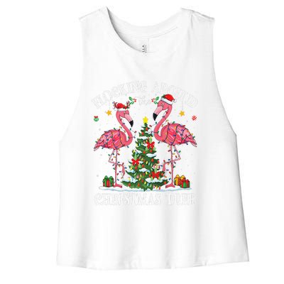 Flocking Around Christmas Tree Flamingo Santa Xmas Pajama Women's Racerback Cropped Tank